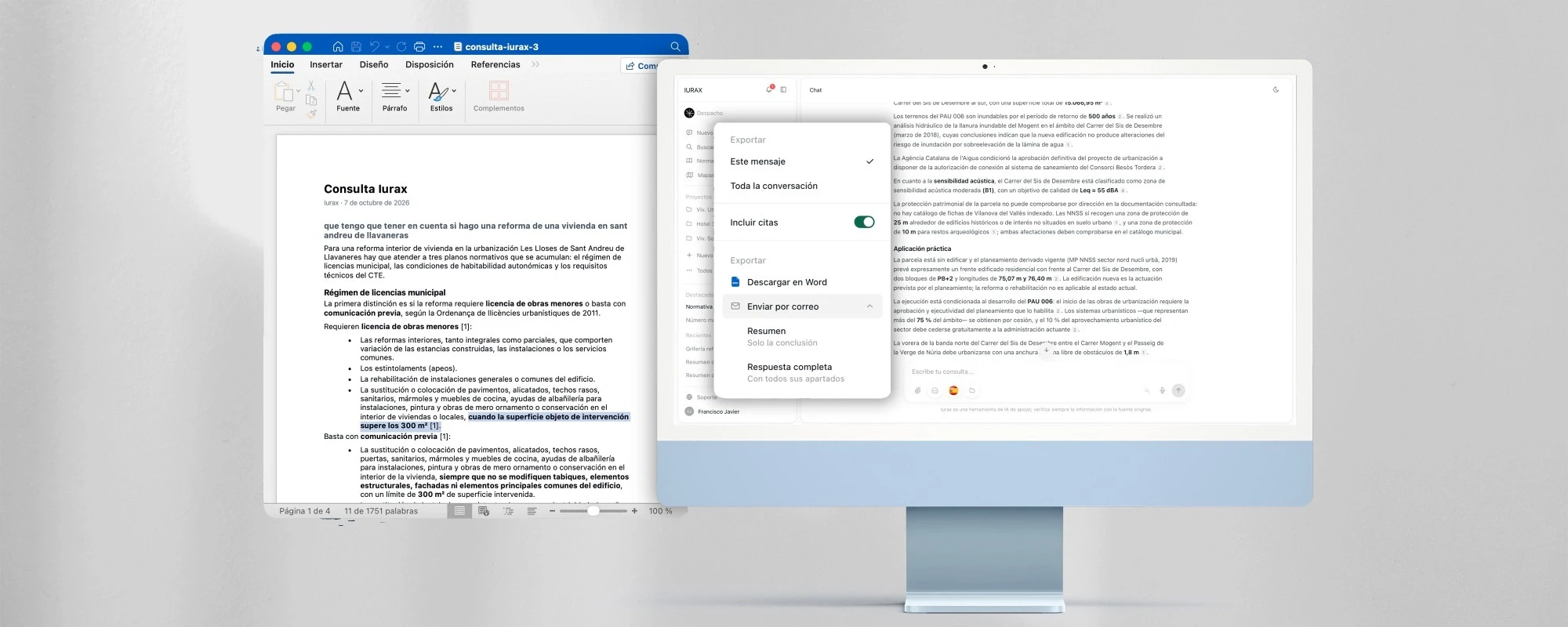 Una consulta exportada a Word junto al menú de exportación