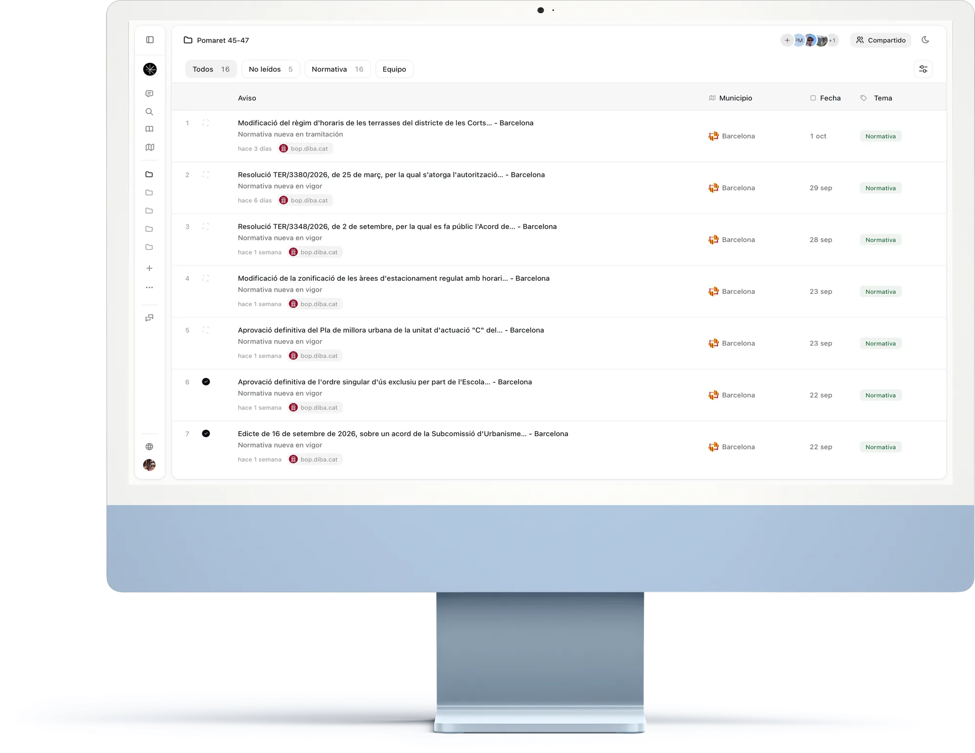 Pantalla de IURAX con los avisos de cambios normativos de un proyecto