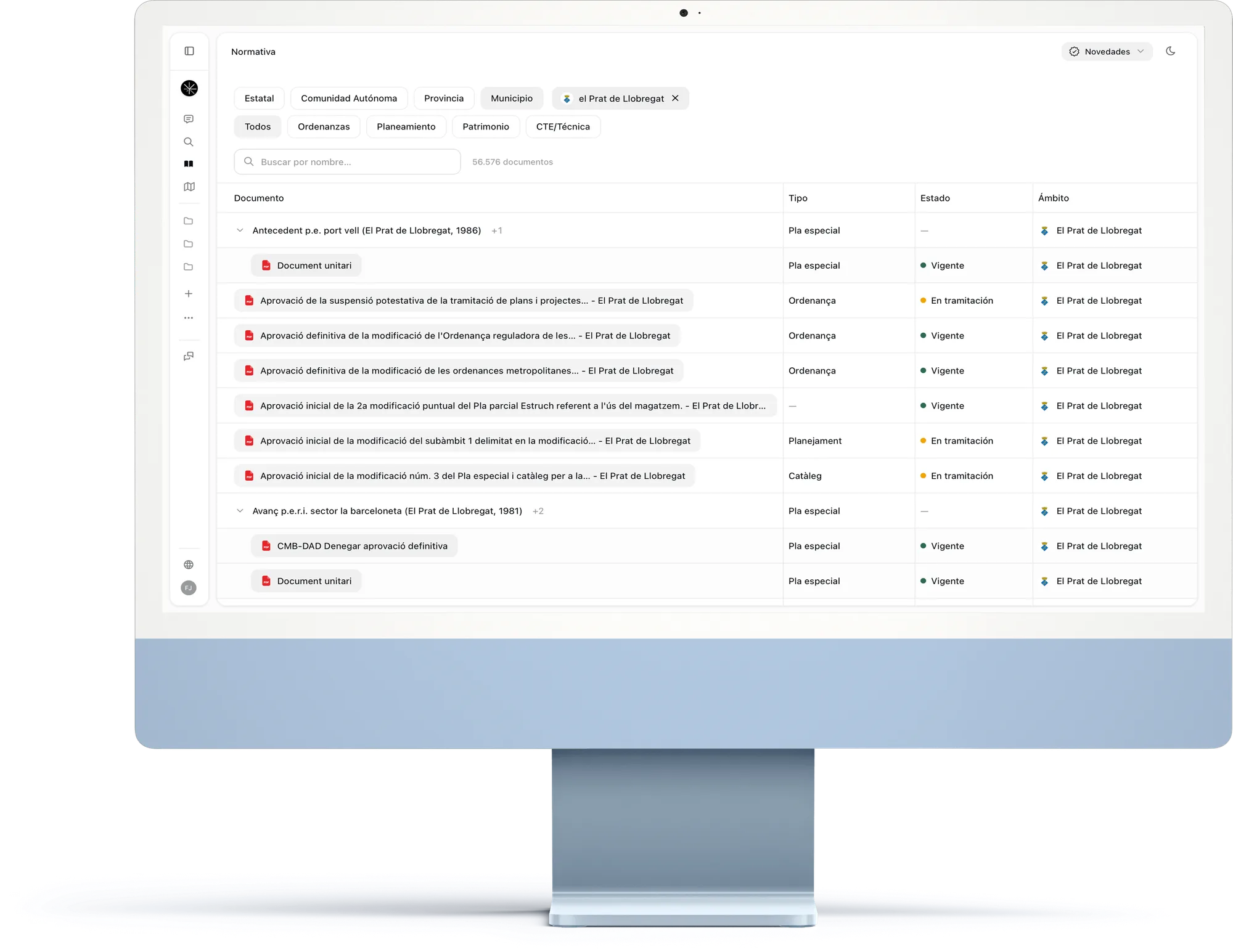 Pantalla de IURAX con el listado de normativa de un municipio